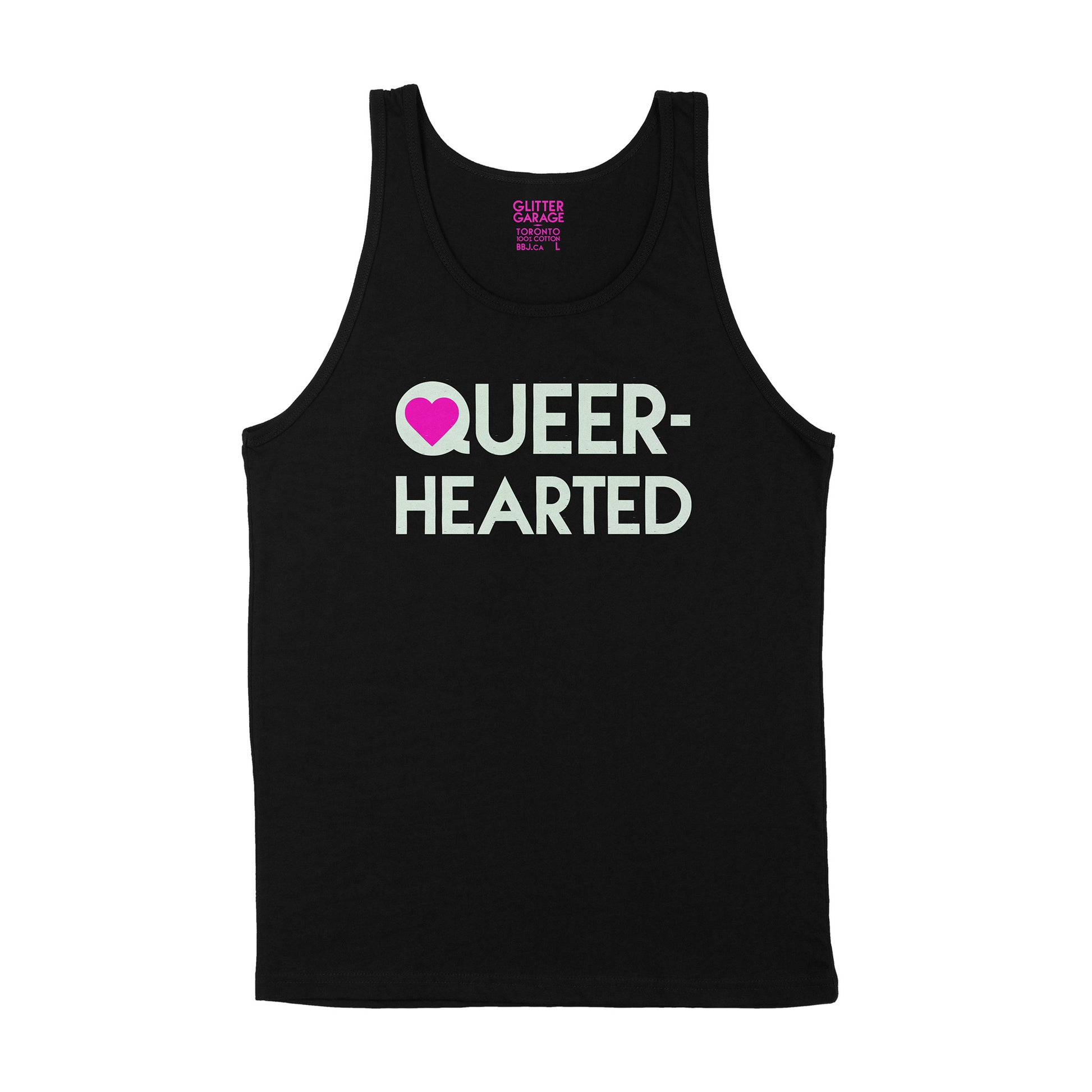 Queer-hearted glow-in-the-dark vinyl text and and neon pink heart on black unisex tank shirt - by BBJ / Glitter Garage