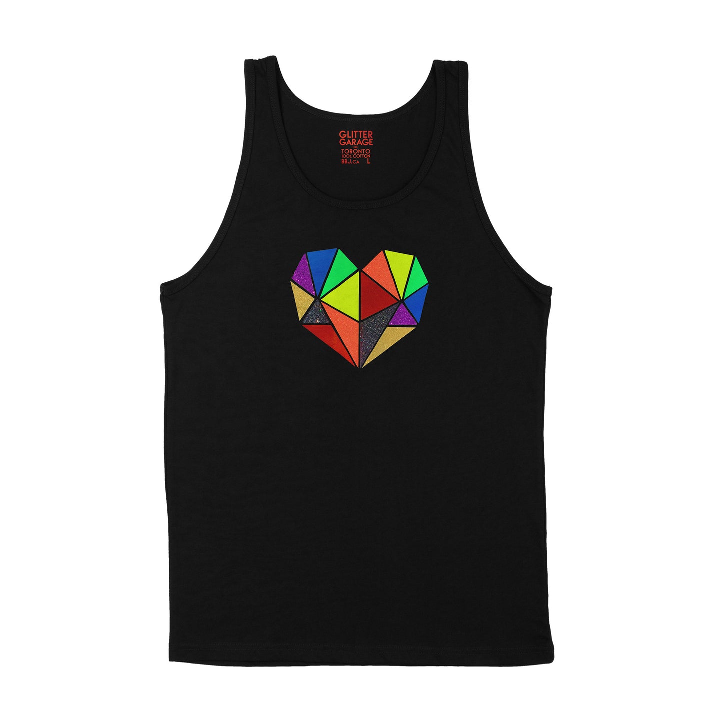 Vibrant rainbow faceted heart design with hand-applied neon, metallic and glitter vinyl on black unisex tank shirt - by BBJ / Glitter Garage
