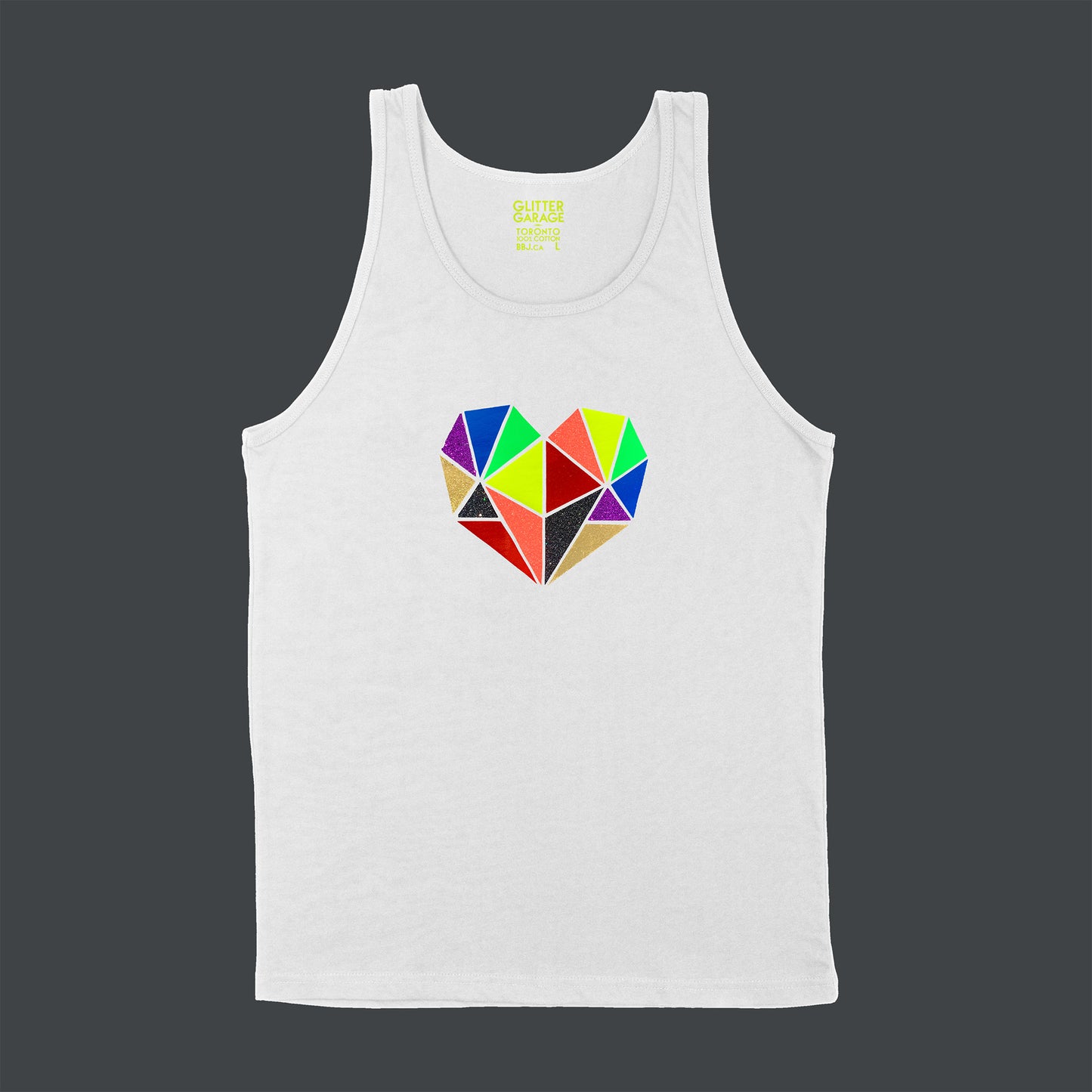 Vibrant rainbow faceted heart design with hand-applied neon, metallic and glitter vinyl on white unisex tank shirt - by BBJ / Glitter Garage