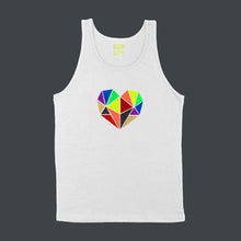 Load image into Gallery viewer, Vibrant rainbow faceted heart design with hand-applied neon, metallic and glitter vinyl on white unisex tank shirt - by BBJ / Glitter Garage
