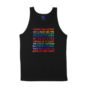 custom sample - Kylie song titles - rainbow holographic custom text on unisex black tank shirt - Custom YourTen tank by BBJ / Glitter Garage