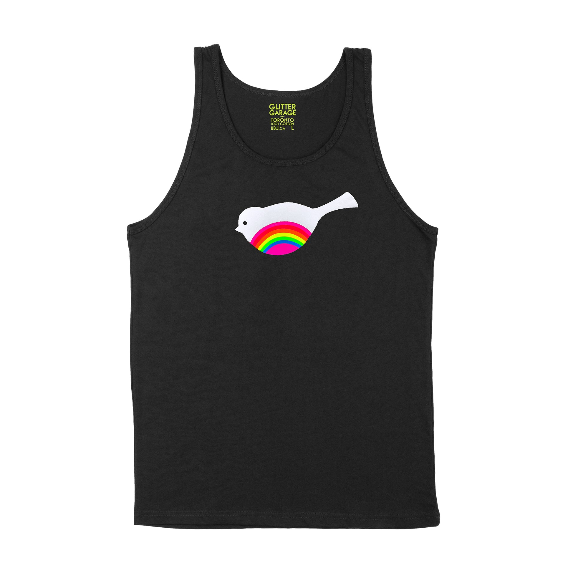 fuzzy white bird with neon rainbow striped belly on black unisex tank by BBJ / Glitter Garage