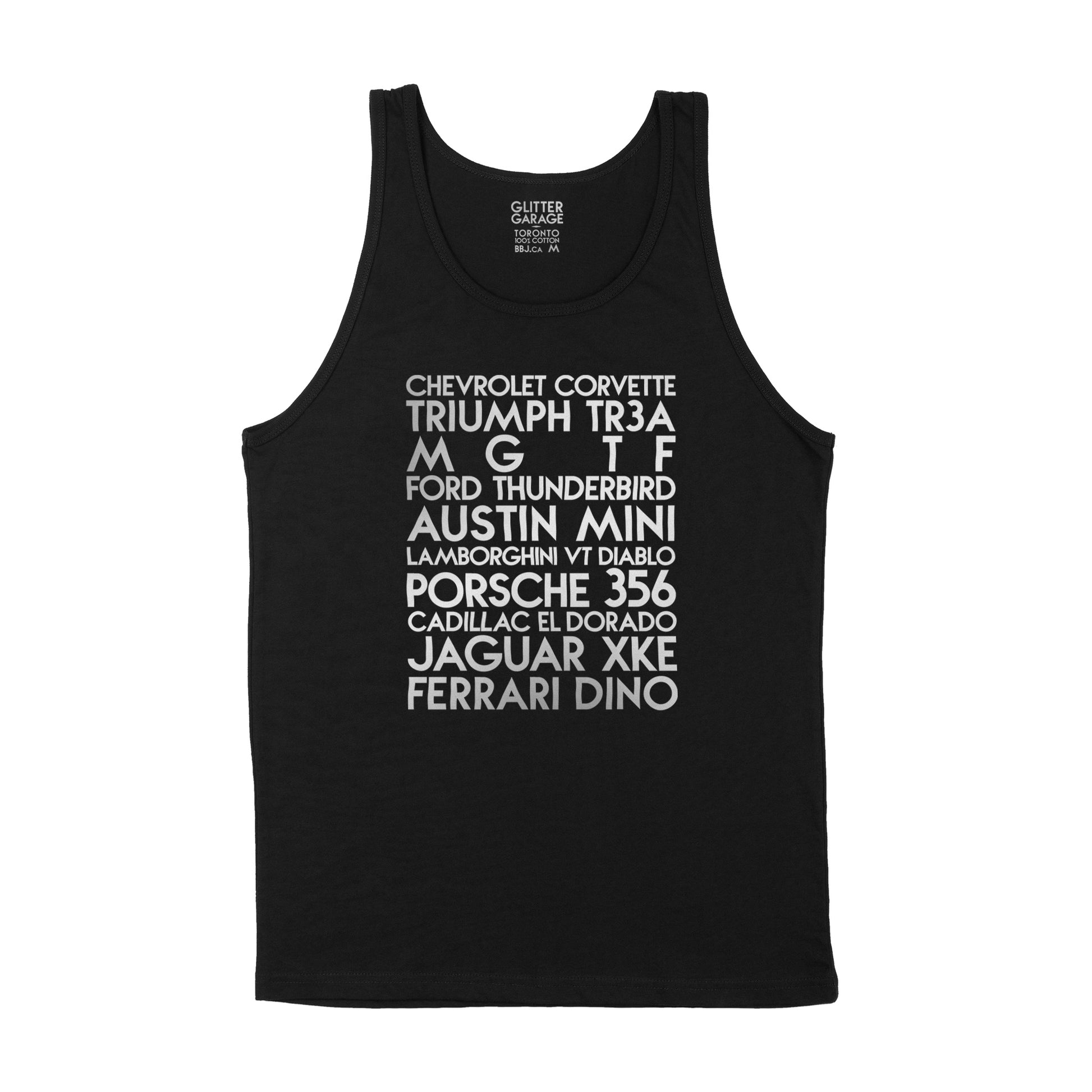 custom sample - Gerrys cars - silver metallic custom text on black tank shirt - Custom YourTen tank by BBJ / Glitter Garage