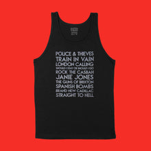 Load image into Gallery viewer, custom sample - songs - gunmetal glitter custom text on black tank shirt - Custom YourTen tee by BBJ / Glitter Garage
