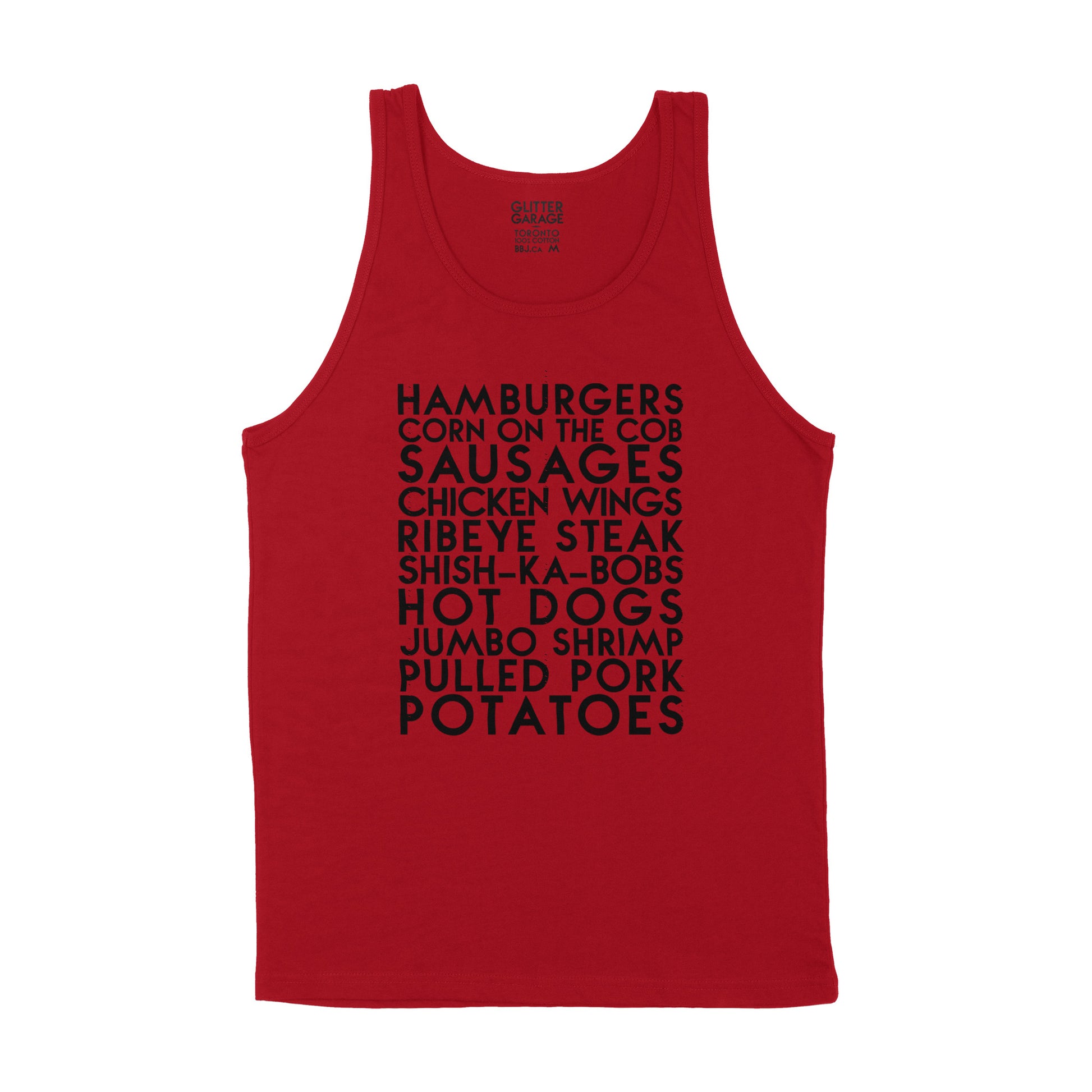 custom sample  - BBQ grill faves - black matte custom text on red tank shirt - Custom YourTen tank by BBJ / Glitter Garage