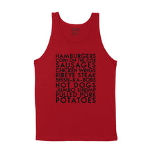 Load image into Gallery viewer, custom sample  - BBQ grill faves - black matte custom text on red tank shirt - Custom YourTen tank by BBJ / Glitter Garage

