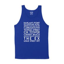 Load image into Gallery viewer, custom sample - Toronto sites - white matte custom text on royal blue tank shirt - Custom YourTen tank by BBJ / Glitter Garage
