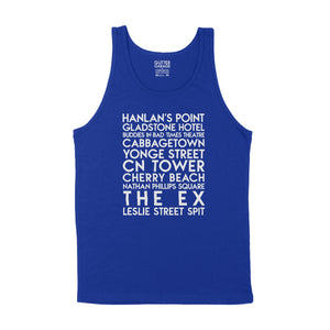 custom sample - Toronto sites - white matte custom text on royal blue tank shirt - Custom YourTen tank by BBJ / Glitter Garage