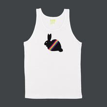 Load image into Gallery viewer, fuzzy black bunny with neon rainbow stripe on white unisex tank by BBJ / Glitter Garage
