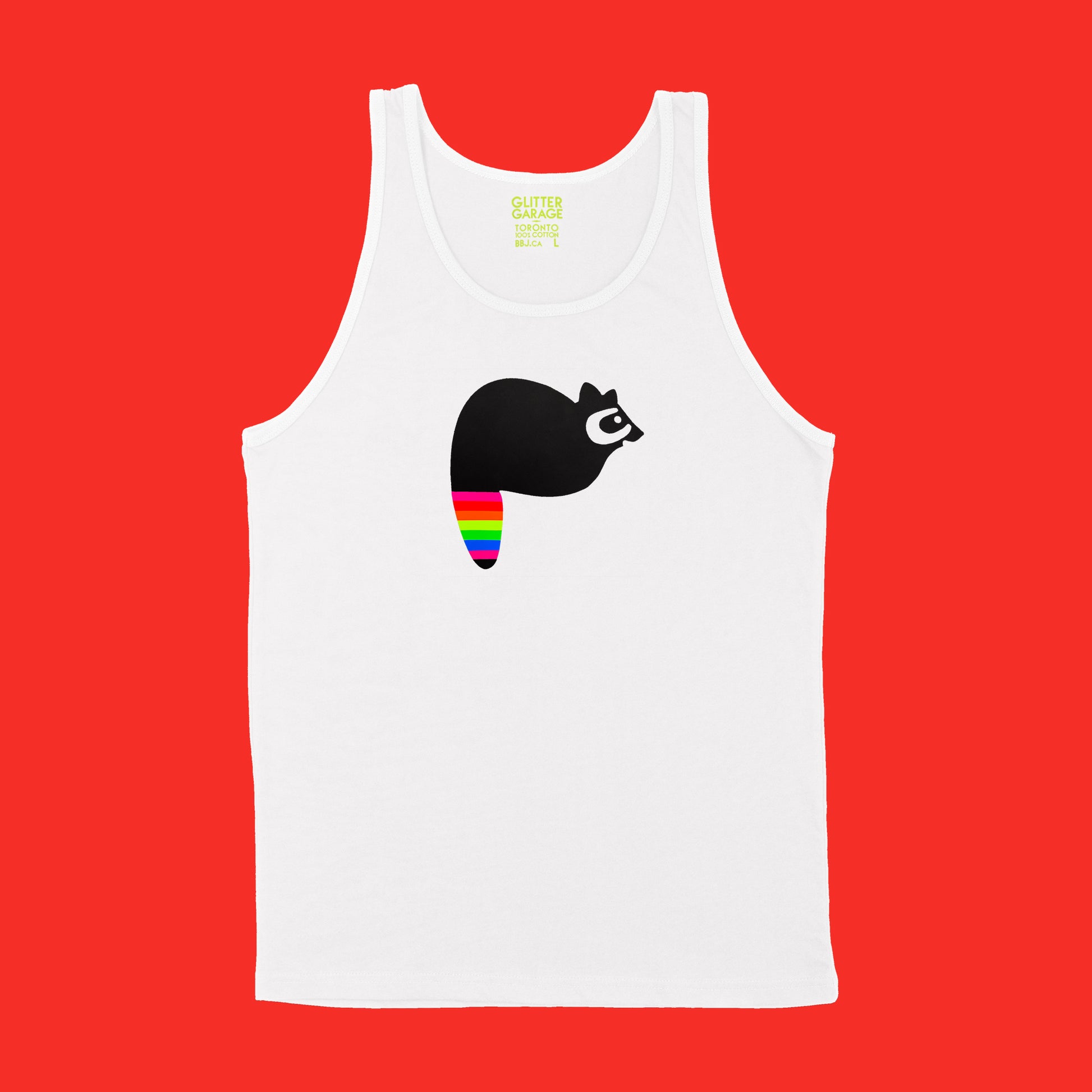 fuzzy black raccoon with neon rainbow striped tail on white unisex tank by BBJ / Glitter Garage