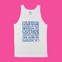 Load image into Gallery viewer, custom sample - songs - blue glitter custom text on white tank shirt - Custom YourTen tank by BBJ / Glitter Garage
