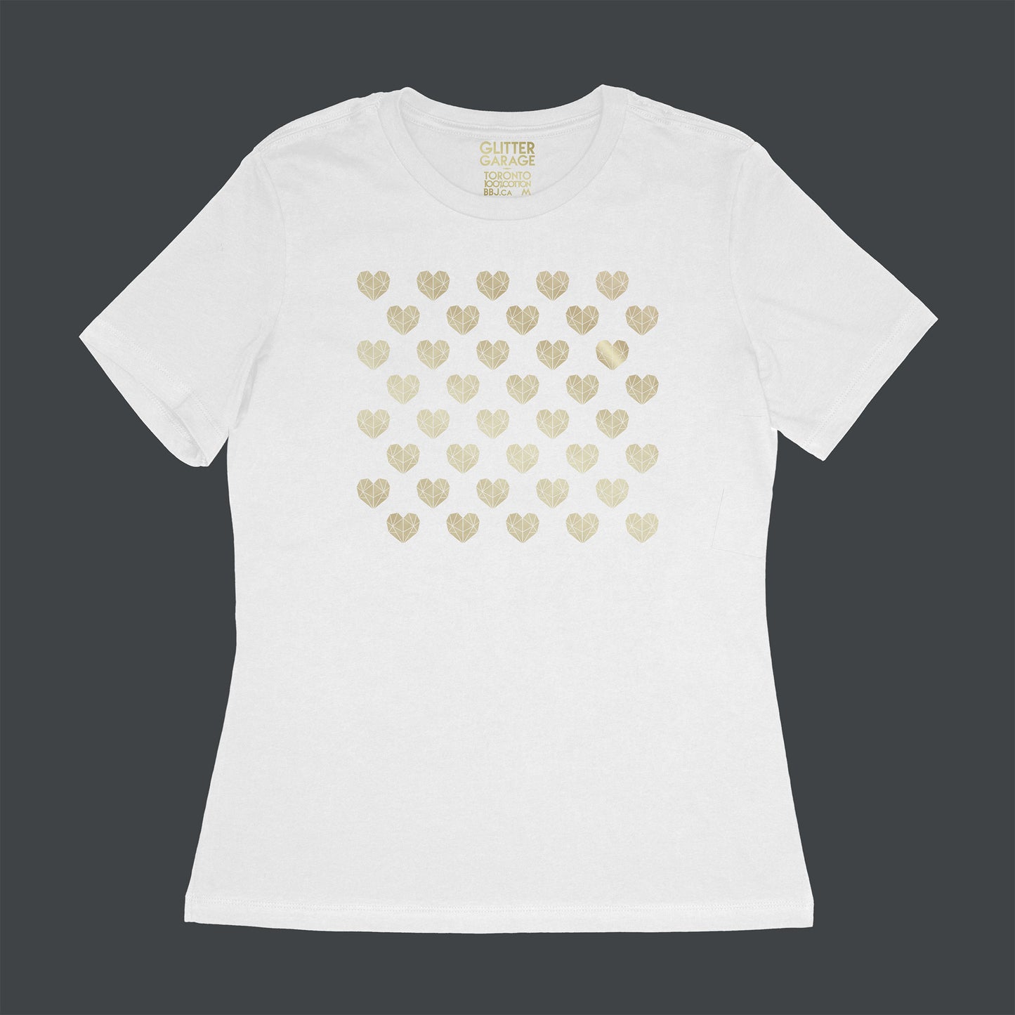 Many Hearts customizable tee - white women's relaxed fit tee with 40 hearts - gold matte, metallic by BBJ / Glitter Garage