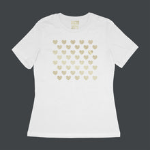 Load image into Gallery viewer, Many Hearts customizable tee - white women&#39;s relaxed fit tee with 40 hearts - gold matte, metallic by BBJ / Glitter Garage
