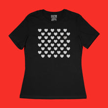 Load image into Gallery viewer, Many Hearts customizable tee - black women&#39;s relaxed fit tee with 40 hearts - white matte, silver metallic by BBJ / Glitter Garage
