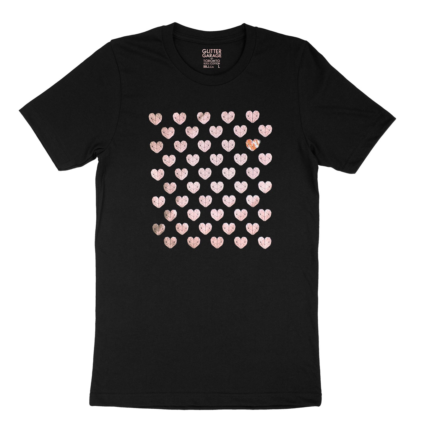 Many Hearts customizable tee - black unisex tee with 50 hearts  - rose gold metallic, holo pearl by BBJ / Glitter Garage