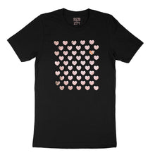 Load image into Gallery viewer, Many Hearts customizable tee - black unisex tee with 50 hearts  - rose gold metallic, holo pearl by BBJ / Glitter Garage
