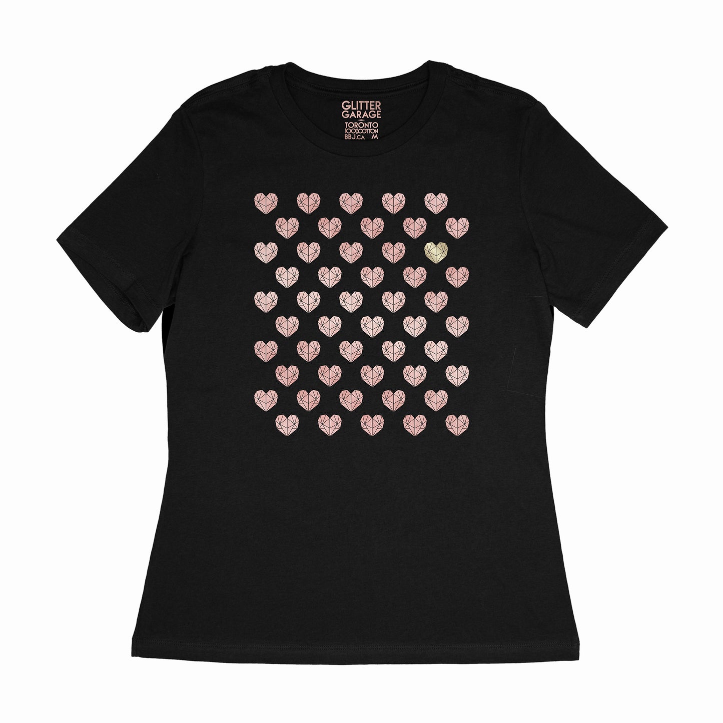 Many Hearts customizable tee - black women's relaxed fit tee with 50 hearts - rose gold, gold metallic by BBJ / Glitter Garage