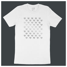 Load image into Gallery viewer, Many Hearts customizable tee - white unisex tee with 50 hearts  - silver matte, metallic by BBJ / Glitter Garage
