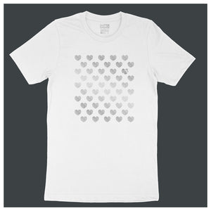 Many Hearts customizable tee - white unisex tee with 50 hearts  - silver matte, metallic by BBJ / Glitter Garage