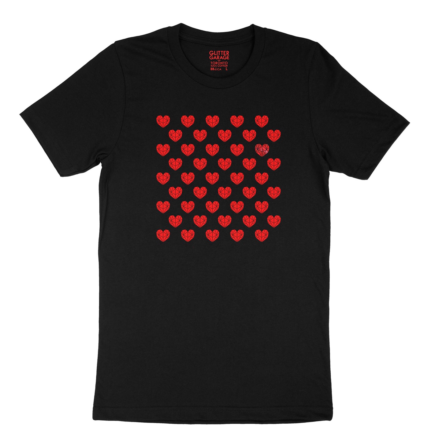 Many Hearts customizable tee - black unisex tee with 55 hearts  - red matte, metallic by BBJ / Glitter Garage