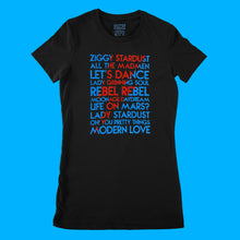 Load image into Gallery viewer, David Bowie song titles with lightning bolt icon red and blue glitter text on black ladies t-shirt - Customizable YourTen Custom David Bowie icon tee by BBJ / Glitter Garage
