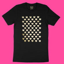 Load image into Gallery viewer, Many Hearts customizable tee - black unisex tee with 60 hearts  -  gold matte, metallic by BBJ / Glitter Garage
