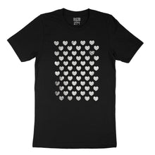 Load image into Gallery viewer, Many Hearts customizable tee - black unisex tee with 60 hearts  - silver matte, metallic by BBJ / Glitter Garage
