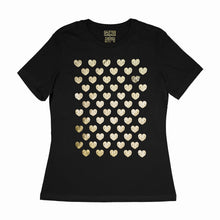 Load image into Gallery viewer, Many Hearts customizable tee - black women&#39;s relaxed fit tee with 60 hearts  - gold matte, metallic by BBJ / Glitter Garage
