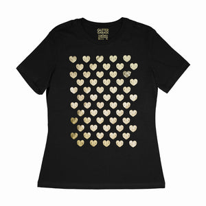 Many Hearts customizable tee - black women's relaxed fit tee with 60 hearts  - gold matte, metallic by BBJ / Glitter Garage