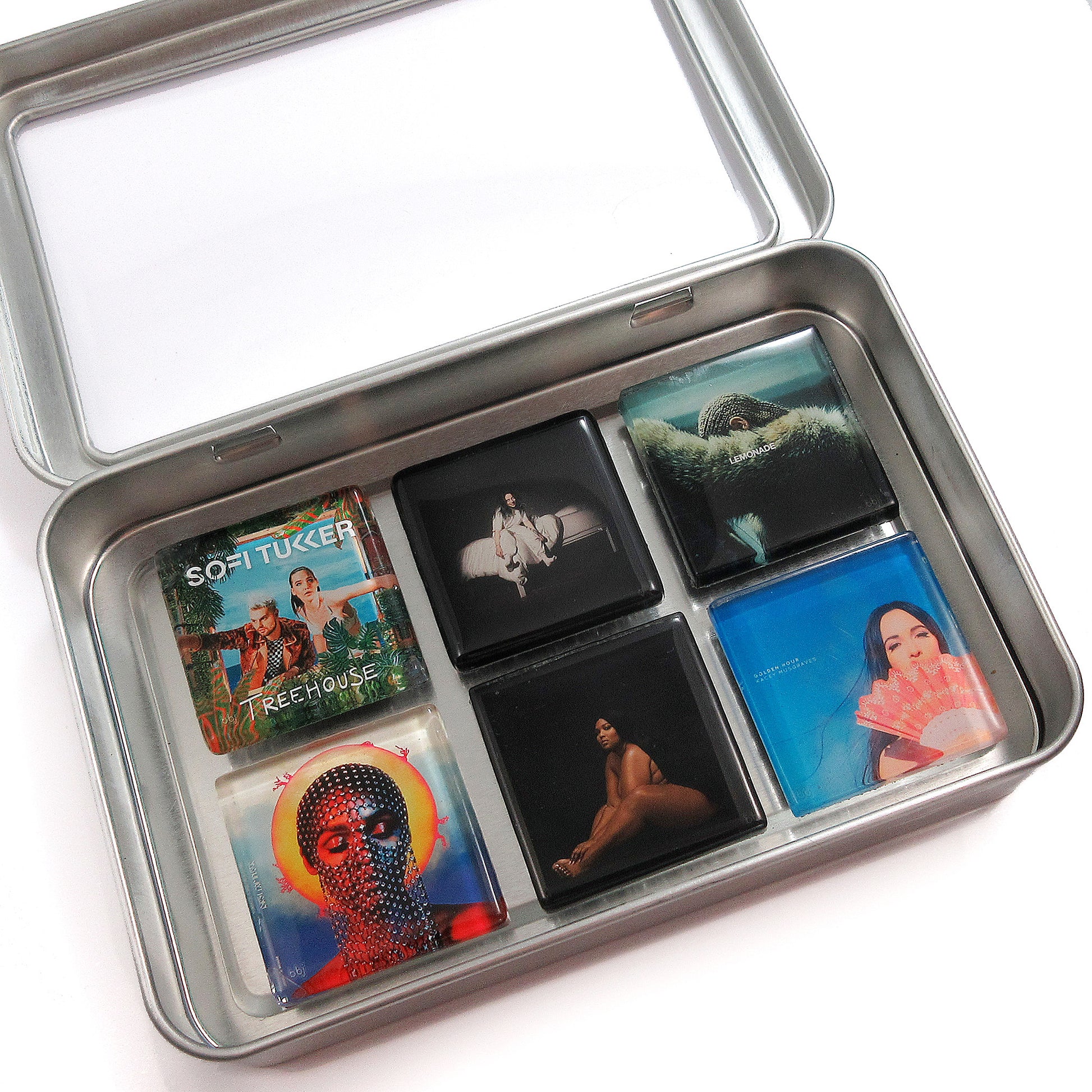 Custom glass album cover magnet of 6 glass magnets in tin set by BBJ