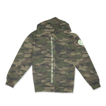 Load image into Gallery viewer, green camo zippered hoodie with &quot;an army of lovers will never be defeated&quot; text and faceted heart icon in glow in the dark vinyl by BBJ /Glitter Garage
