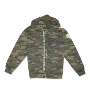 green camo zippered hoodie with "an army of lovers will never be defeated" text and faceted heart icon in glow in the dark vinyl by BBJ /Glitter Garage