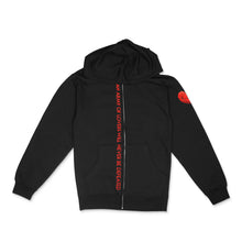 Load image into Gallery viewer, black zippered hoodie with &quot;an army of lovers will never be defeated&quot; text and faceted heart icon in red metallic vinyl by BBJ /Glitter Garage
