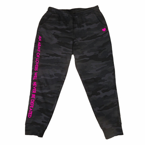 An army of lovers will never be defeated - neon pink text on black camo print unisex, ethically-made sweatpants by BBJ / Glitter Garage