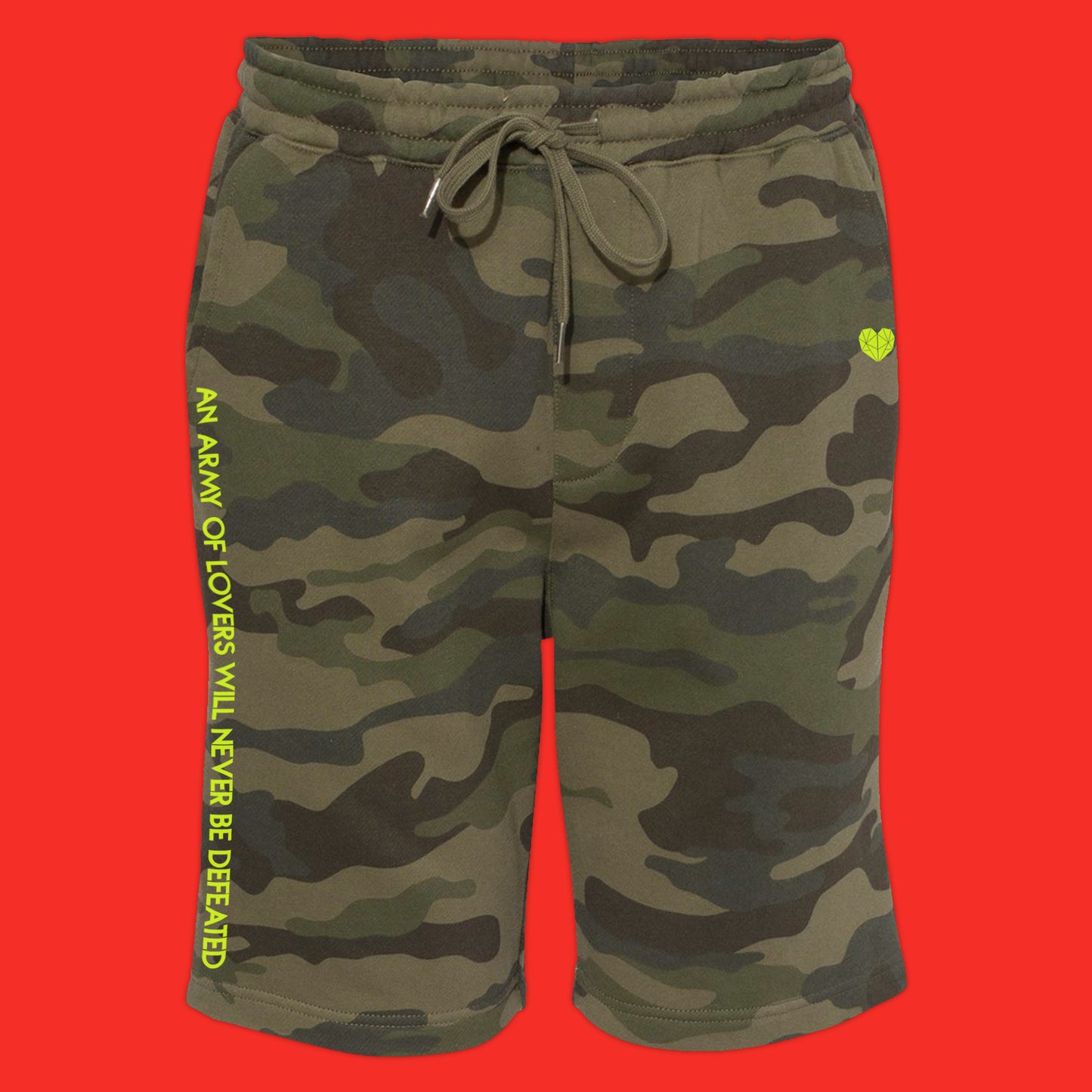 An army of lovers will never be defeated - matte neon yellow text on forest camo shorts by BBJ / Glitter Garage