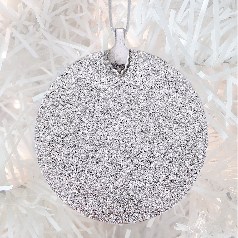 ornament back - silver glitter - metal bail and satin ribbon - Custom image glass and glitter handmade holiday ornament.