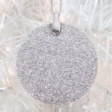 Load image into Gallery viewer, ornament back - silver glitter - metal bail and satin ribbon - Custom image glass and glitter handmade holiday ornament.
