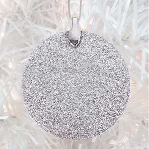 ornament back - silver glitter - metal bail and satin ribbon - Custom image glass and glitter handmade holiday ornament.