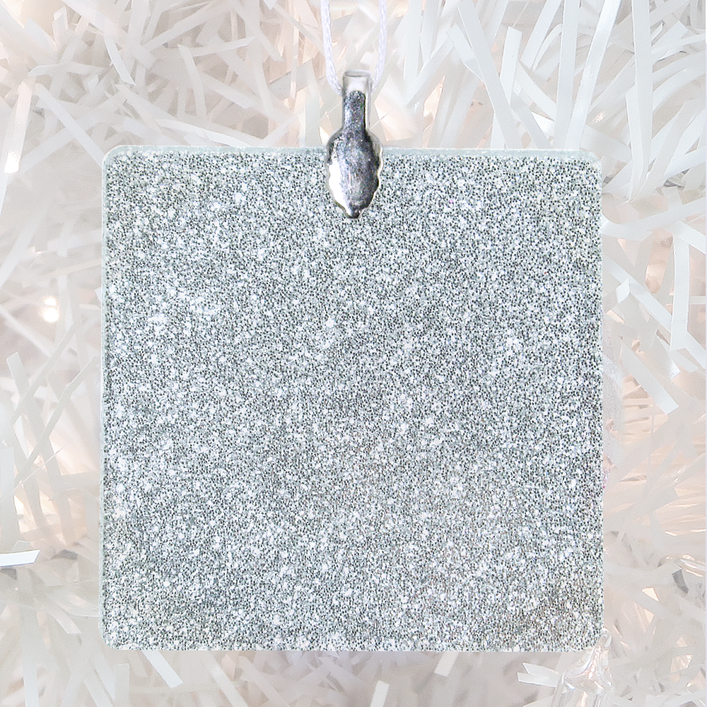 ornament back - silver glitter square - metal bail and satin ribbon - Custom image glass and glitter handmade holiday ornament.