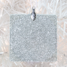 Load image into Gallery viewer, ornament back - silver glitter square - metal bail and satin ribbon - Custom image glass and glitter handmade holiday ornament.
