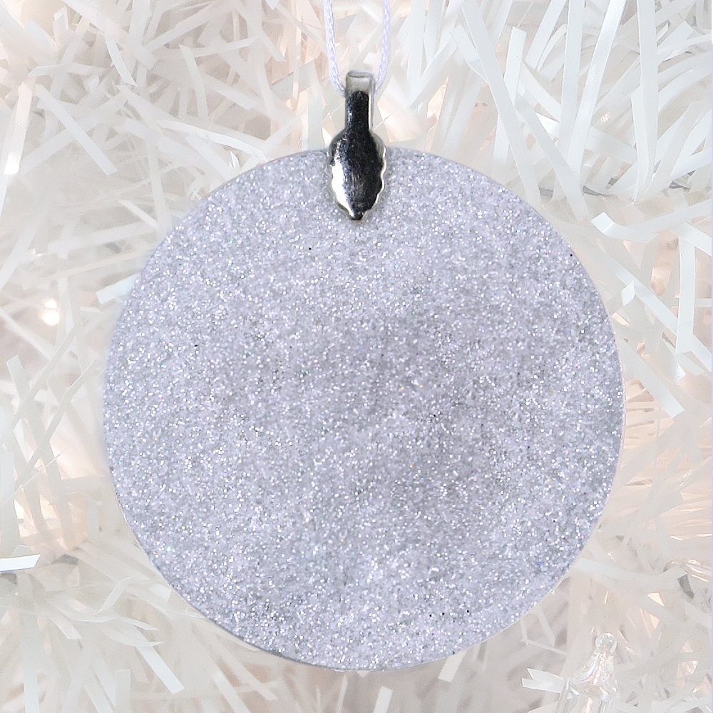 ornament back - white glitter - metal bail and satin ribbon - Custom image glass and glitter handmade holiday ornament.