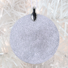 Load image into Gallery viewer, ornament back - white glitter - metal bail and satin ribbon - Custom image glass and glitter handmade holiday ornament.
