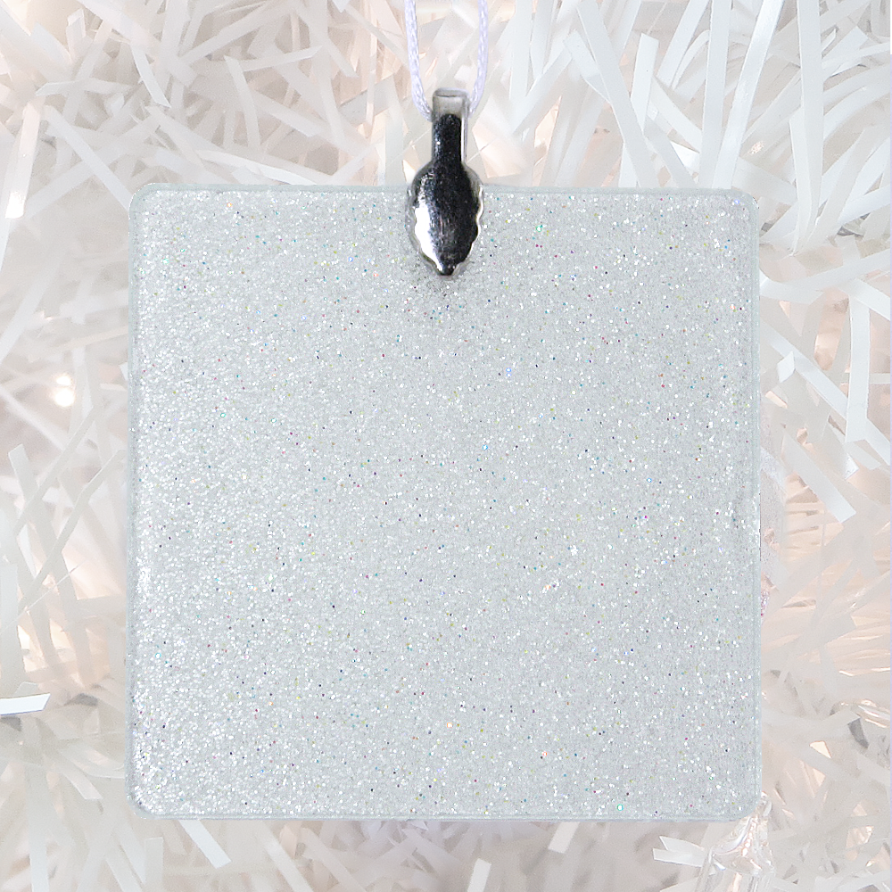 ornament back - white glitter square - metal bail and satin ribbon - Custom image glass and glitter handmade holiday ornament.