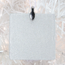 Load image into Gallery viewer, ornament back - white glitter square - metal bail and satin ribbon - Custom image glass and glitter handmade holiday ornament.
