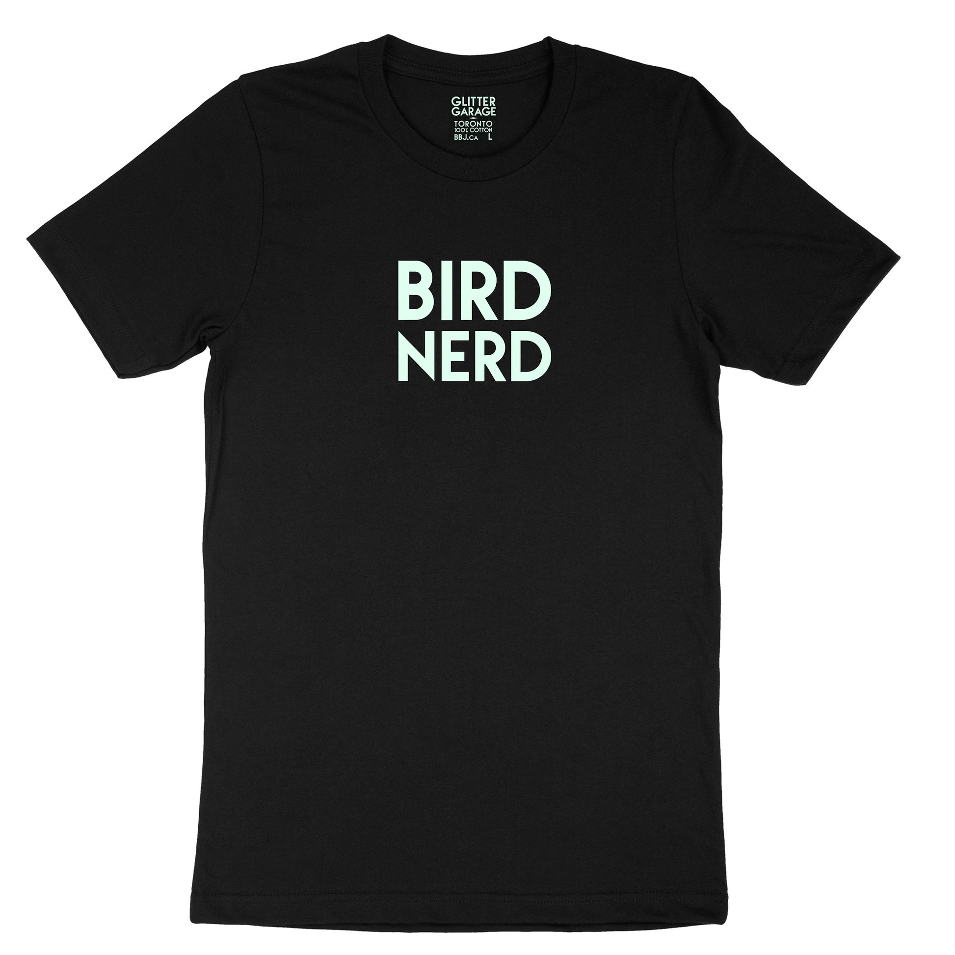 Custom text tee - Bird Nerd - glow in the dark - USE YOUR WORDS black unisex t-shirt by BBJ / Glitter Garage