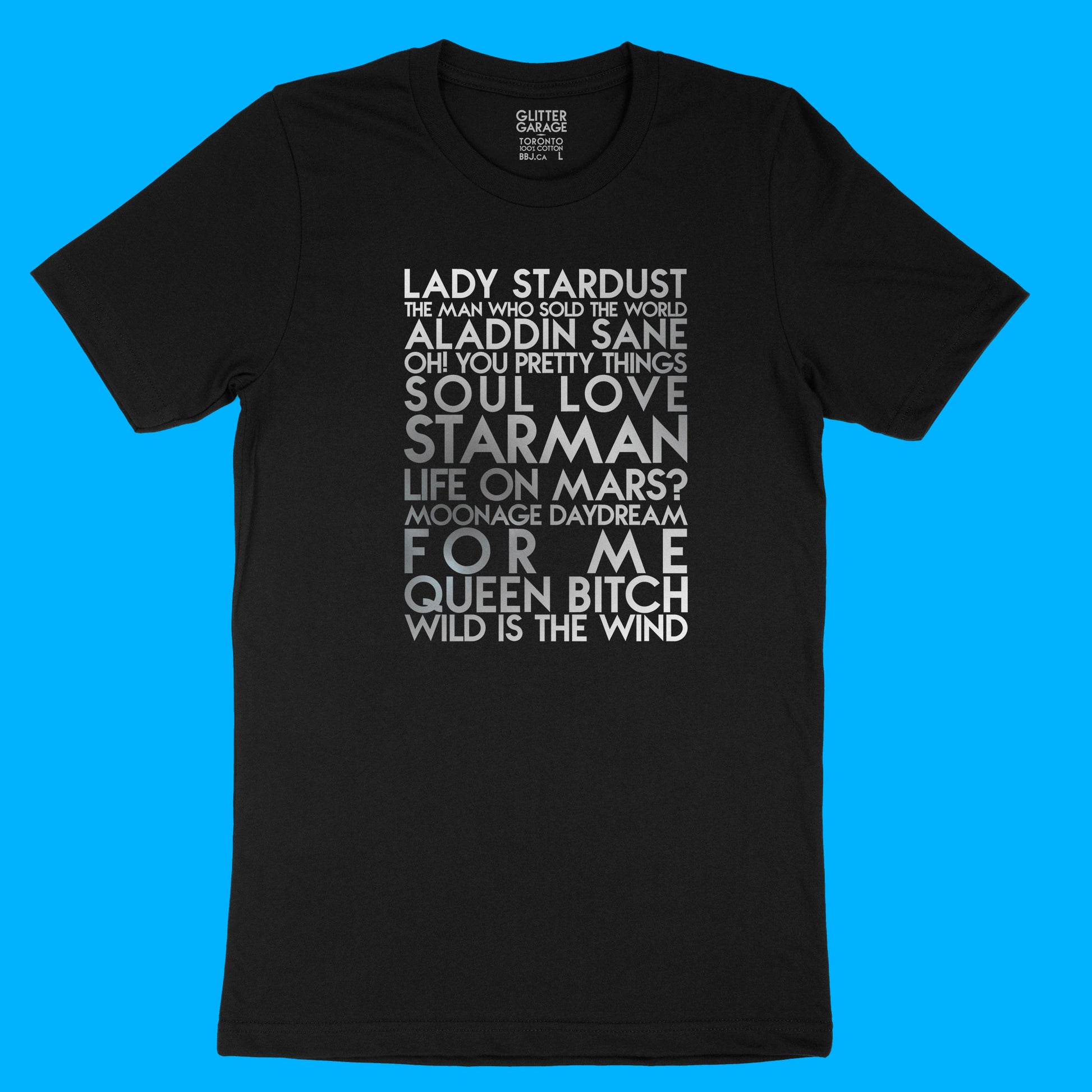 Bowie songs YourTen custom sample - silver matte text on black unisex t-shirt -  by BBJ / Glitter Garage