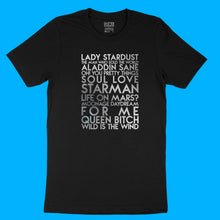 Load image into Gallery viewer, Bowie songs YourTen custom sample - silver matte text on black unisex t-shirt -  by BBJ / Glitter Garage
