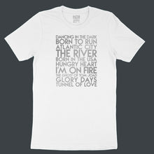 Load image into Gallery viewer, Bruce Springsteen songs YourTen custom sample - silver matte text on white unisex t-shirt -  by BBJ / Glitter Garage
