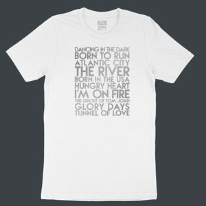 Bruce Springsteen songs YourTen custom sample - silver matte text on white unisex t-shirt -  by BBJ / Glitter Garage