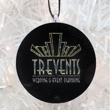 Load image into Gallery viewer, Trevents custom logo - silver glitter - Custom image glass and glitter handmade holiday ornament.
